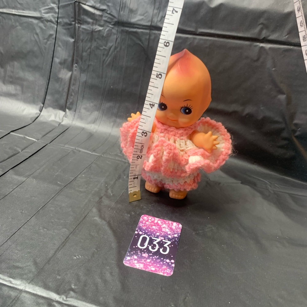 Kewpie Doll Rubber with Crochet knit Dress Pink and White Collectible Vintage - Picture 8 of 9